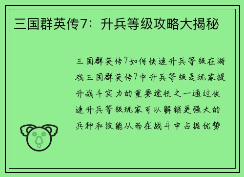 三国群英传7：升兵等级攻略大揭秘